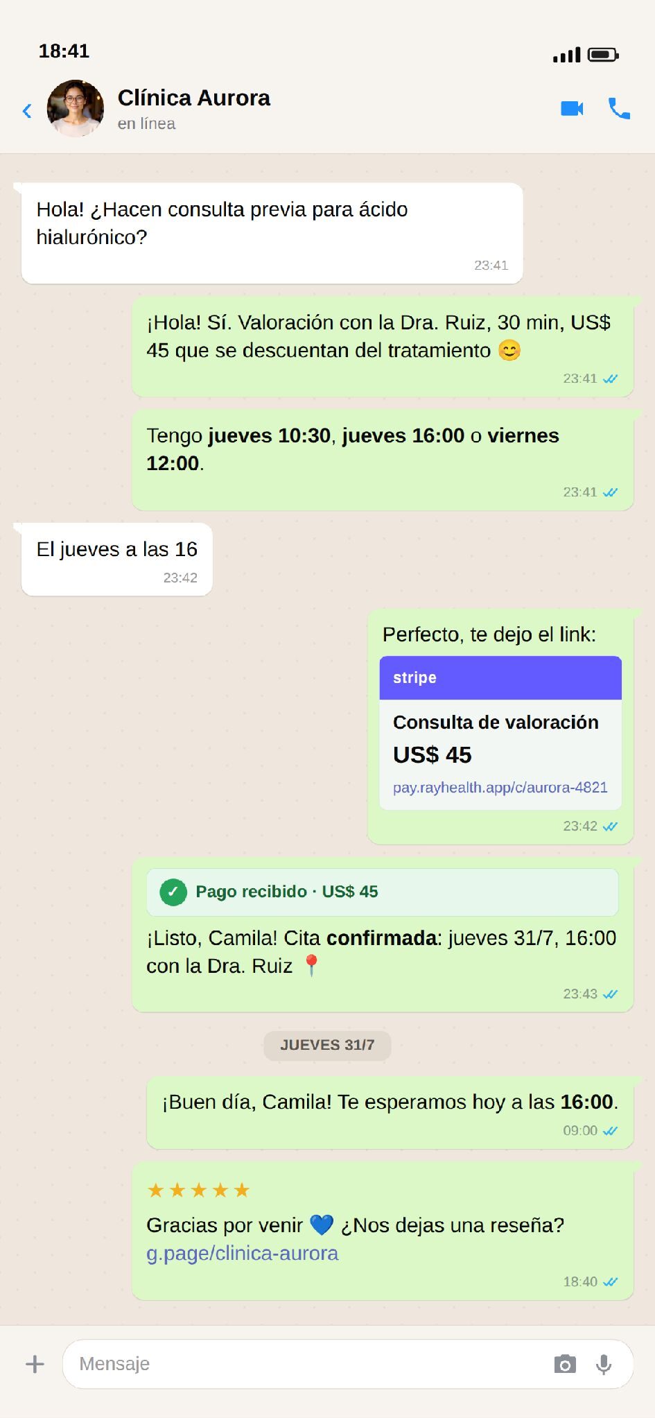 Conversación de WhatsApp: una paciente consulta de madrugada y Sara responde, agenda y cobra el anticipo.