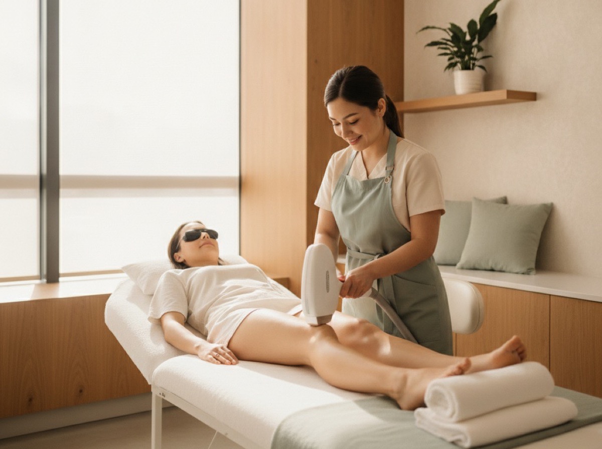 Esteticista aplicando depilación láser a una clienta en una cabina luminosa y cálida.