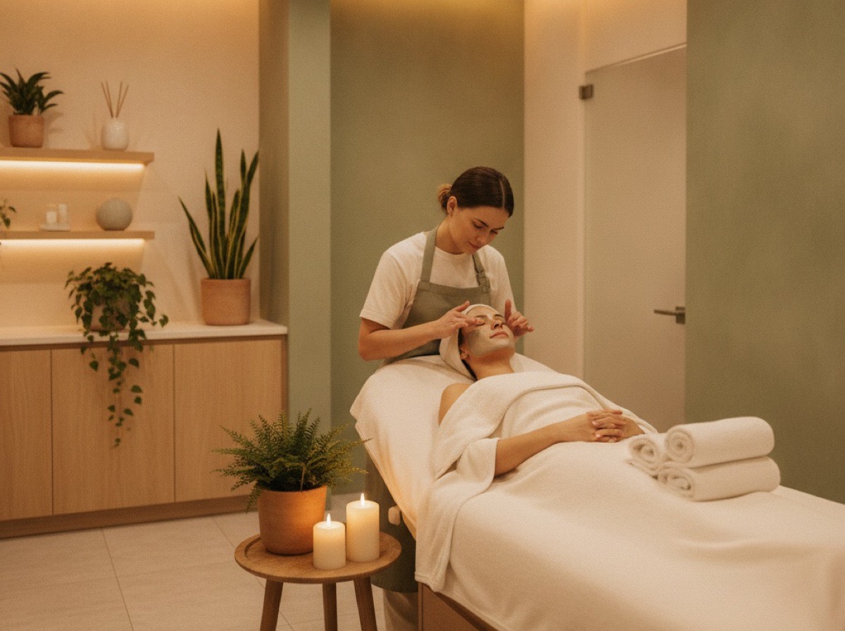 Esteticista realizando un tratamiento facial a una clienta en un spa cálido y sereno.
