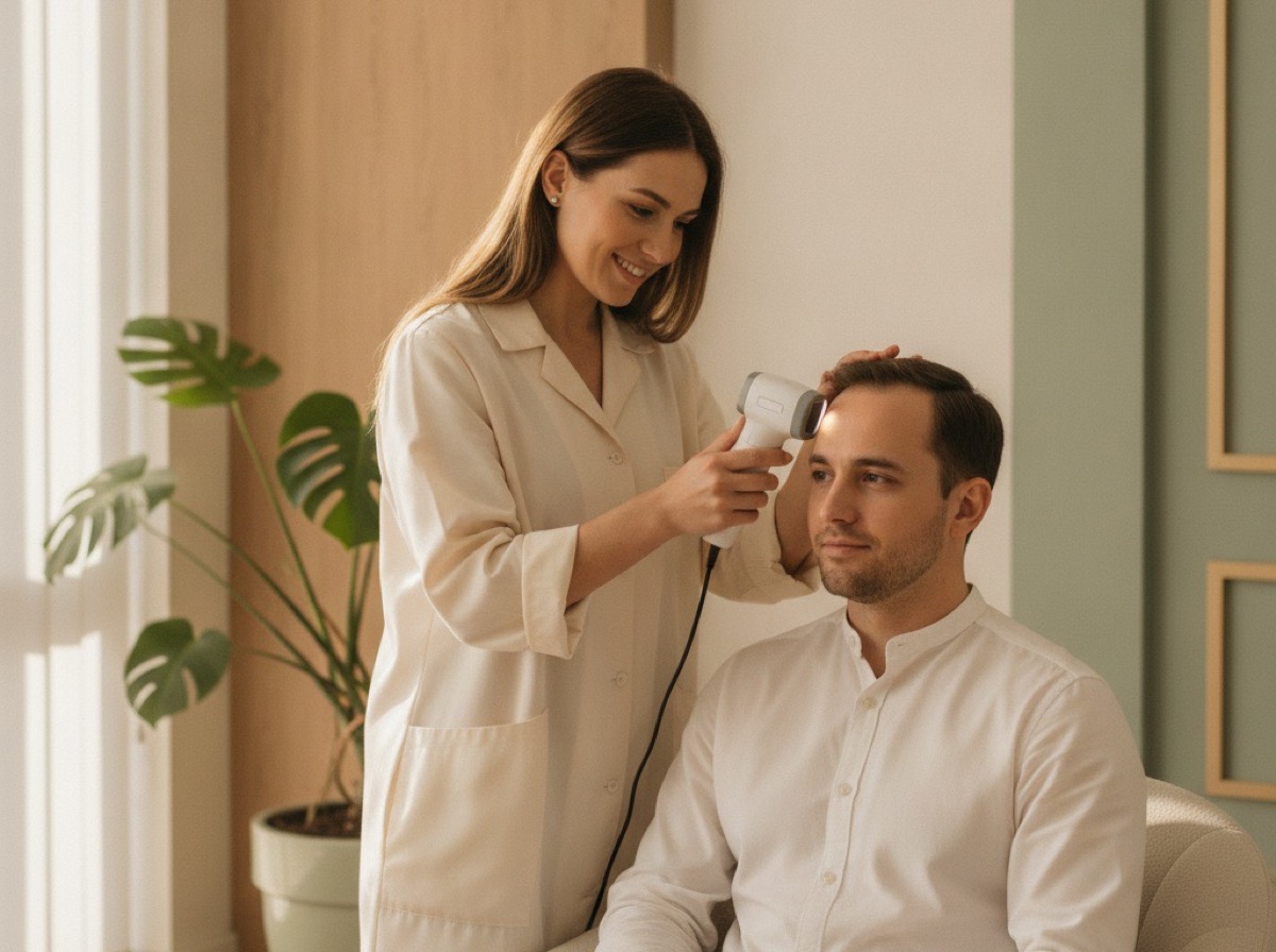 Profesional evaluando la línea capilar de un paciente con un dermatoscopio en una clínica luminosa.