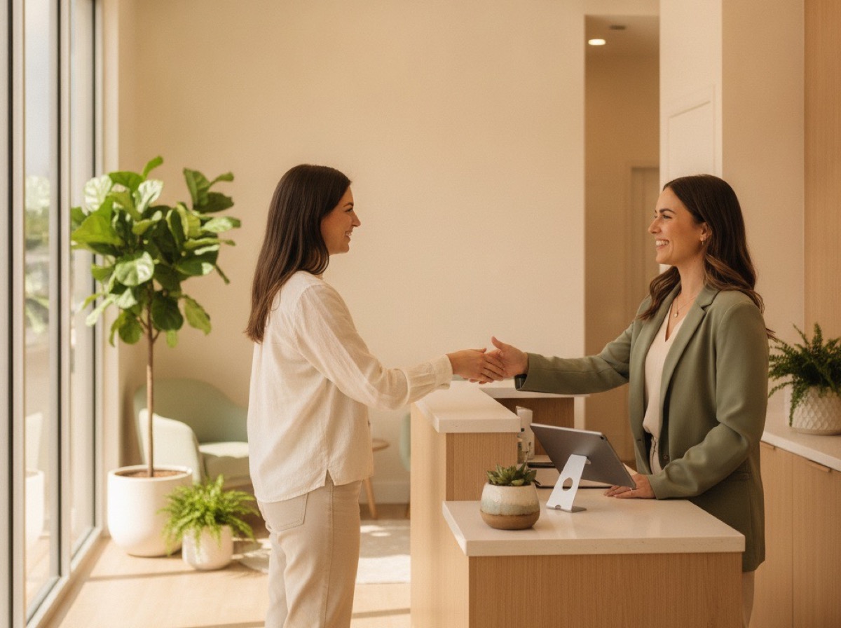Recepcionista recibiendo a una clienta en el mostrador de un local único.