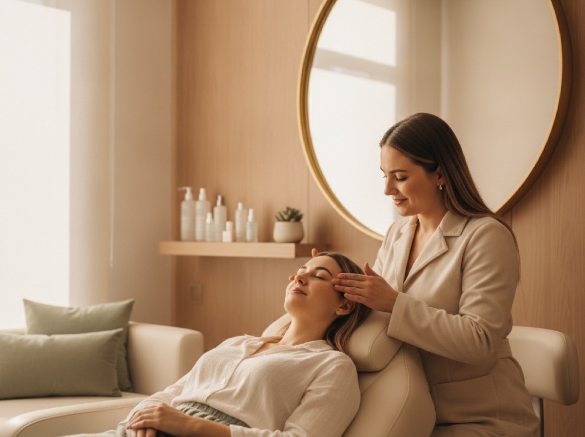 Profesional de medicina estética realizando un tratamiento facial a una paciente en un consultorio luminoso.