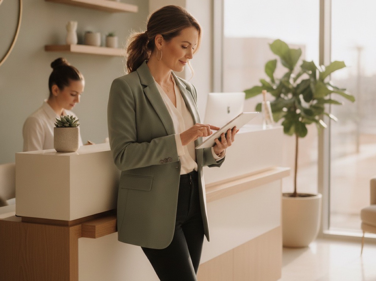 Dueña de una clínica revisando una tablet en la recepción de uno de sus locales.