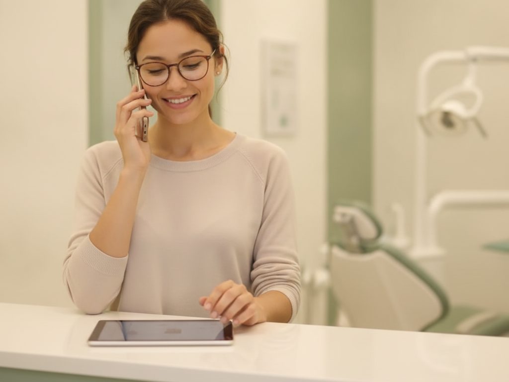 Mostrador de recepción de una clínica dental, vacío y luminoso: Sara atiende aunque no haya nadie en el mostrador.