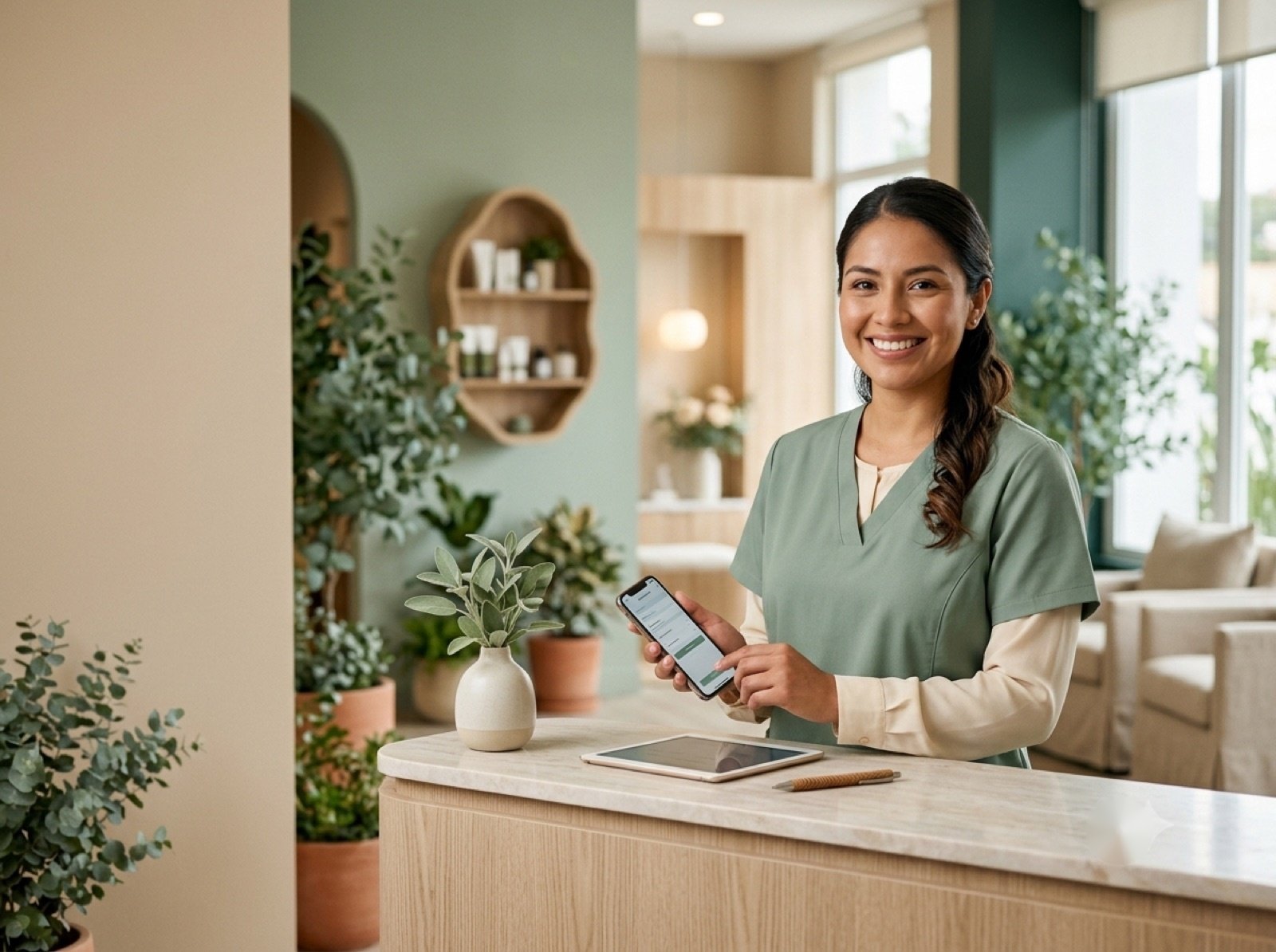 Recepcionista de una clínica de estética sonriendo, con un teléfono en la mano, en un espacio luminoso con plantas de salvia.