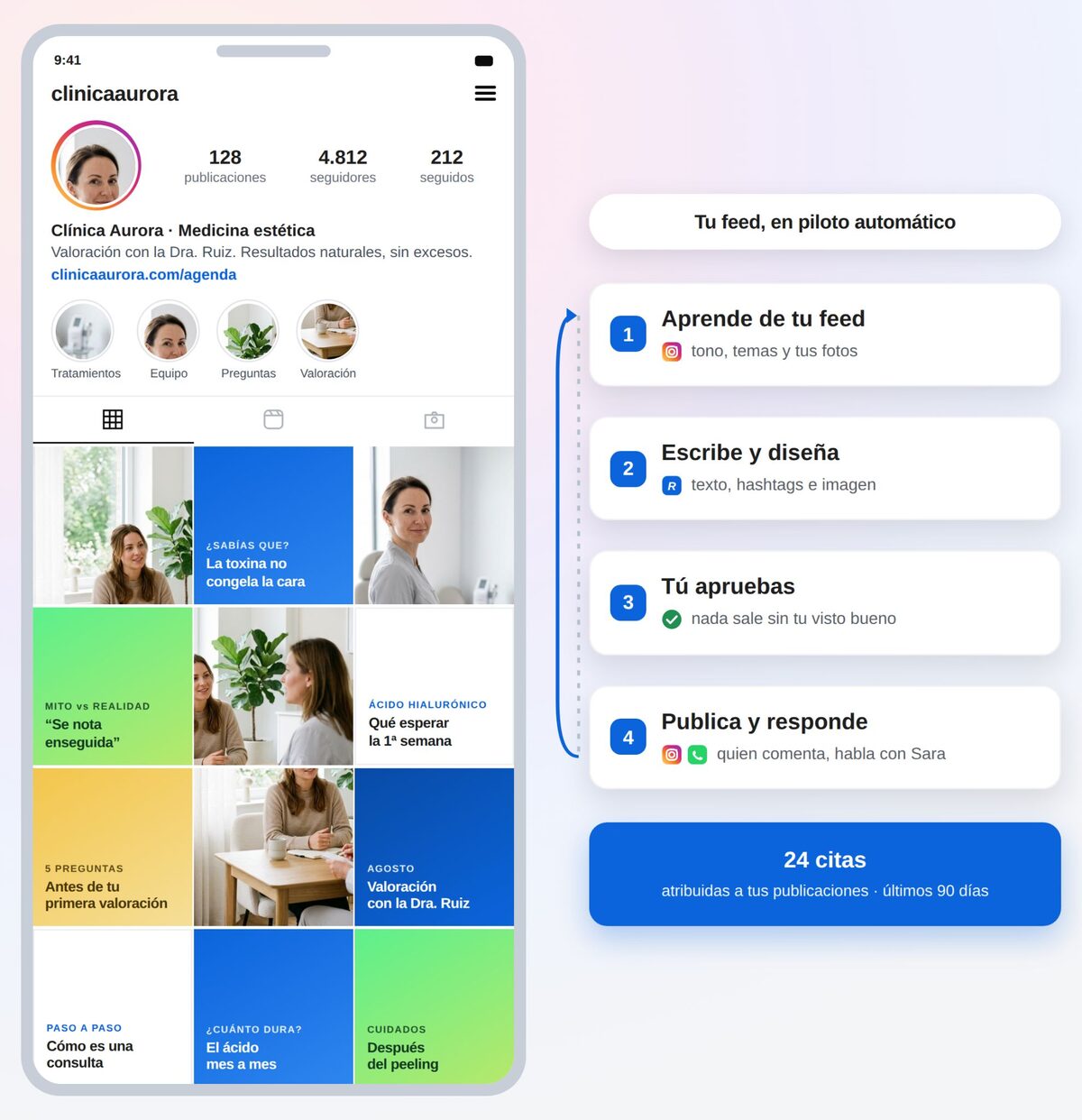 Feed de Instagram de una clínica generado con IA: publicaciones con la marca, listas para salir.